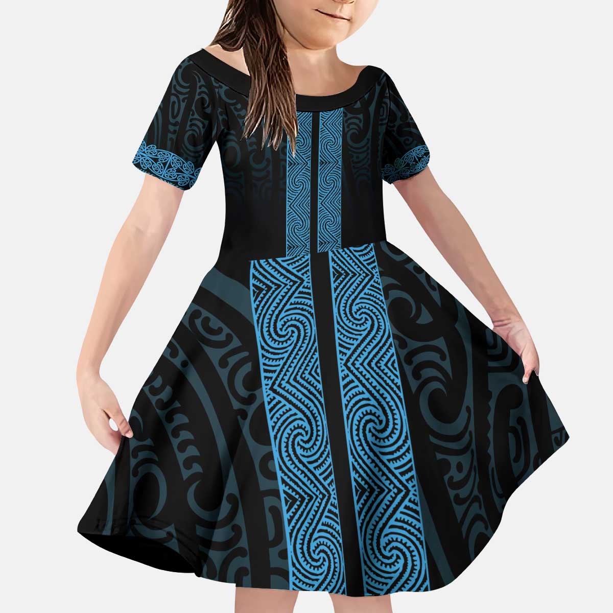 New Zealand Maori Kowhaiwhai Kid Short Sleeve Dress Kikorangi Maui and Mangopare