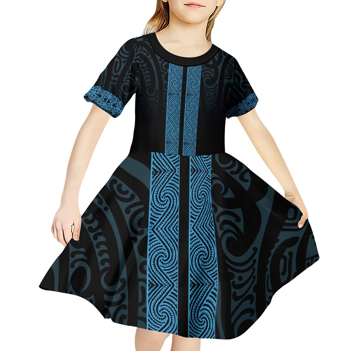 New Zealand Maori Kowhaiwhai Kid Short Sleeve Dress Kikorangi Maui and Mangopare