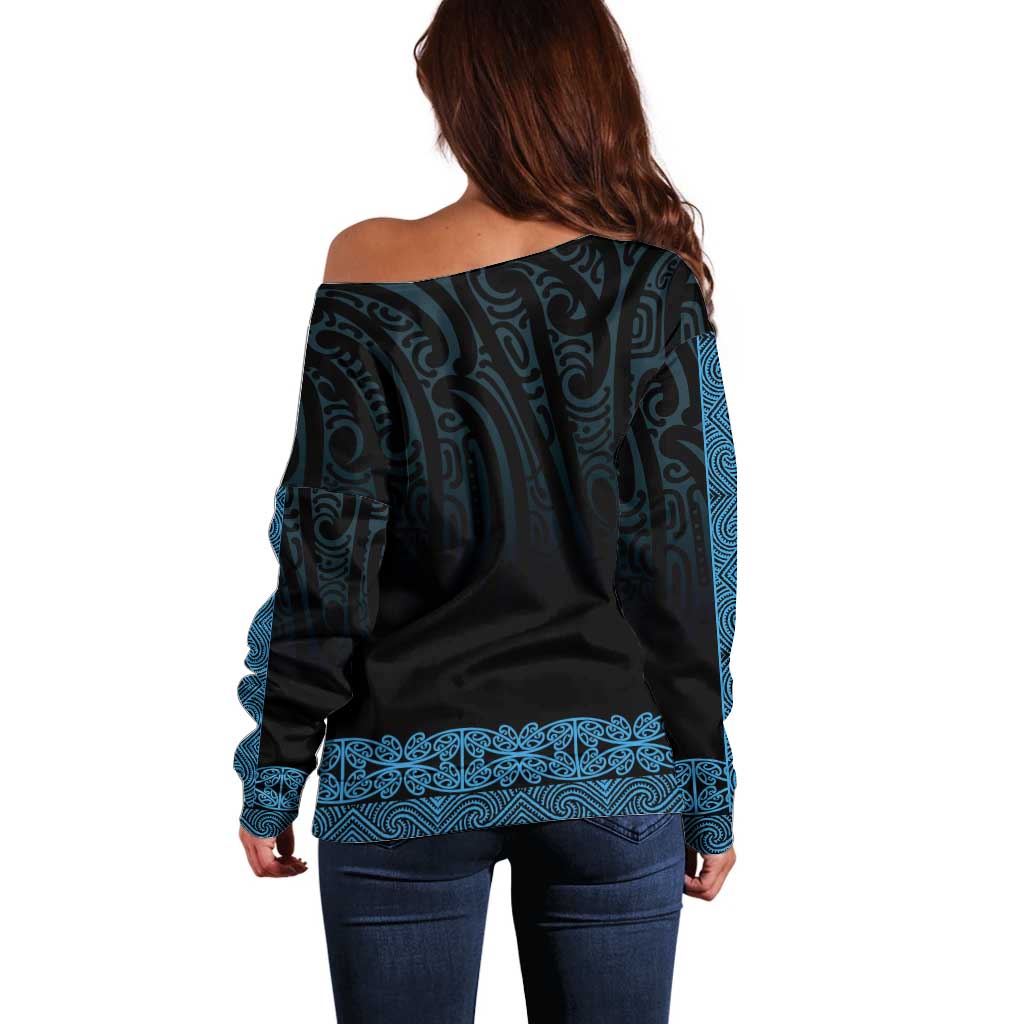 New Zealand Maori Kowhaiwhai Off Shoulder Sweater Kikorangi Maui and Mangopare LT9 - Polynesian Pride