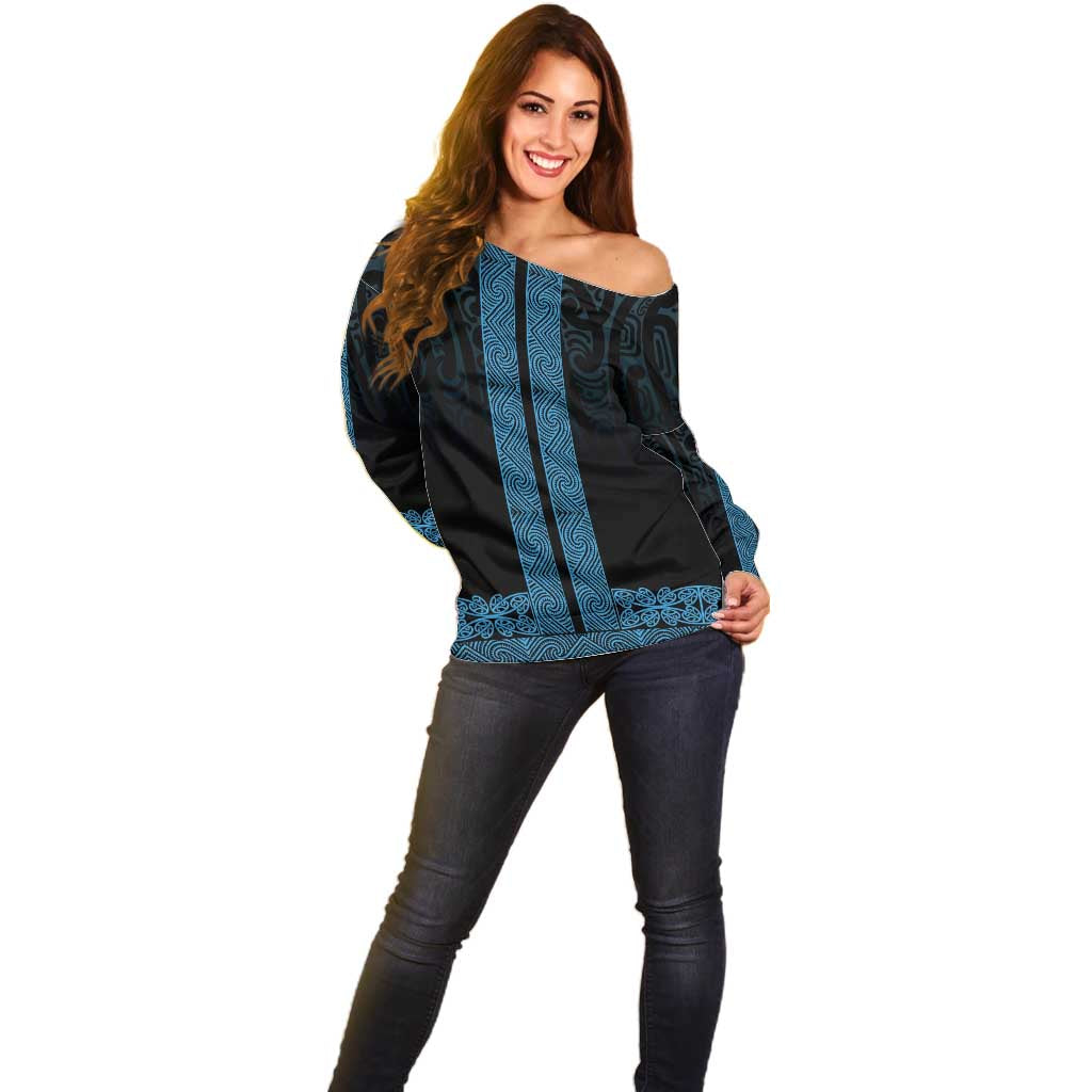New Zealand Maori Kowhaiwhai Off Shoulder Sweater Kikorangi Maui and Mangopare LT9 - Polynesian Pride