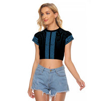 New Zealand Maori Kowhaiwhai Raglan Cropped T Shirt Kikorangi Maui and Mangopare LT9 Female Blue - Polynesian Pride