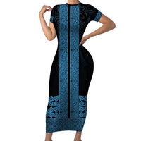 New Zealand Maori Kowhaiwhai Short Sleeve Bodycon Dress Kikorangi Maui and Mangopare
