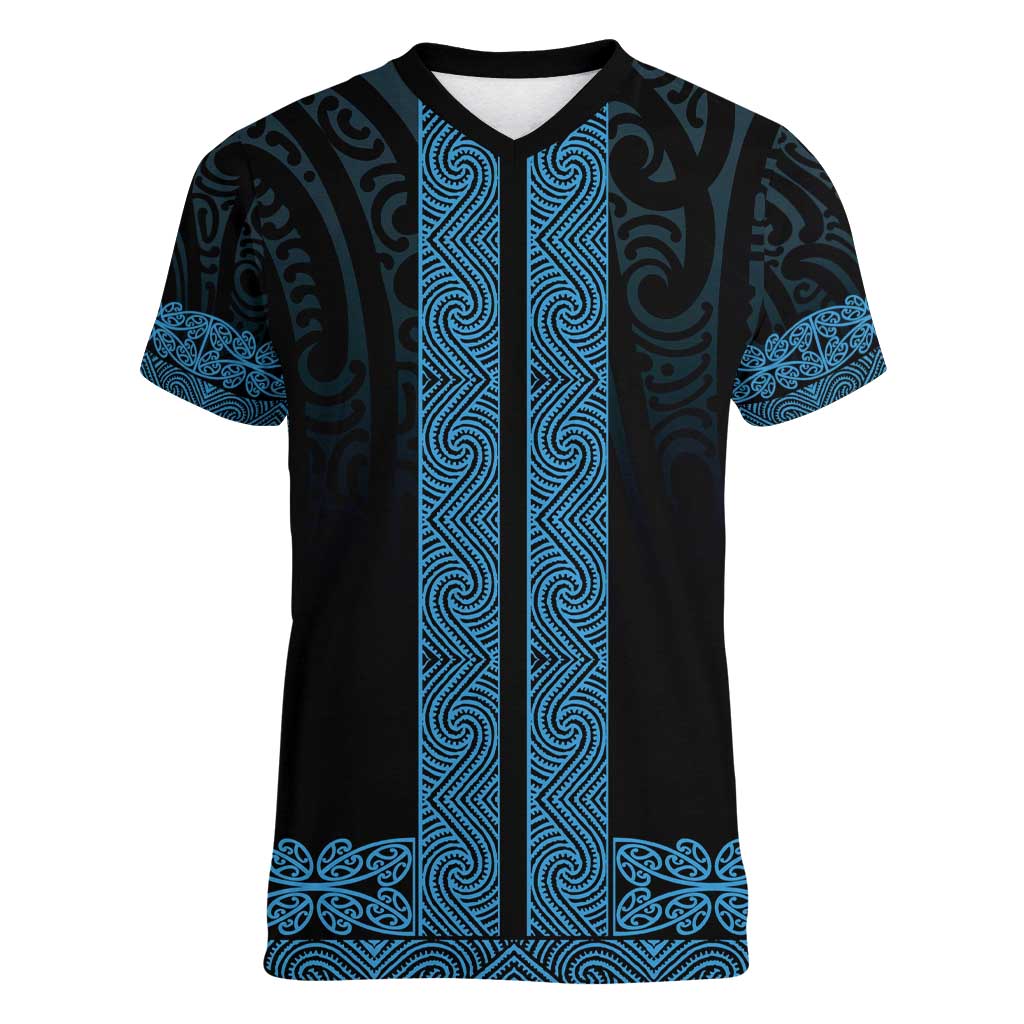 New Zealand Maori Kowhaiwhai Women V-Neck T-Shirt Kikorangi Maui and Mangopare LT9 Female Blue - Polynesian Pride