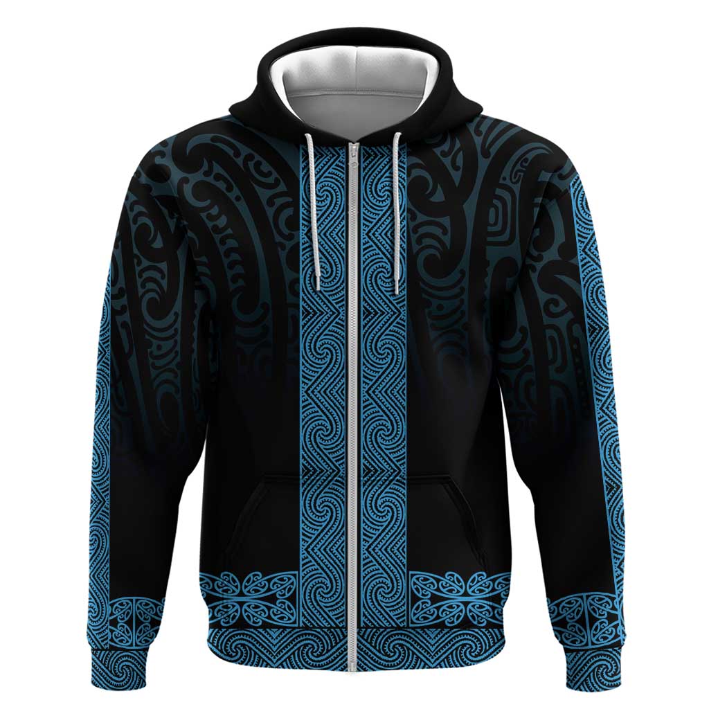 New Zealand Maori Kowhaiwhai Zip Hoodie Kikorangi Maui and Mangopare