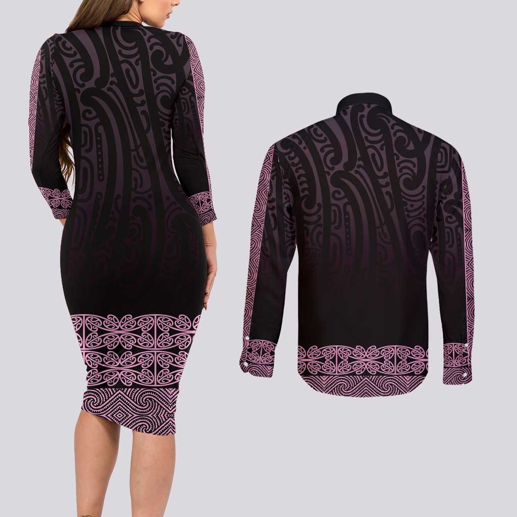 New Zealand Maori Kowhaiwhai Couples Matching Long Sleeve Bodycon Dress and Long Sleeve Button Shirt Mawhero Maui and Mangopare LT9 - Polynesian Pride