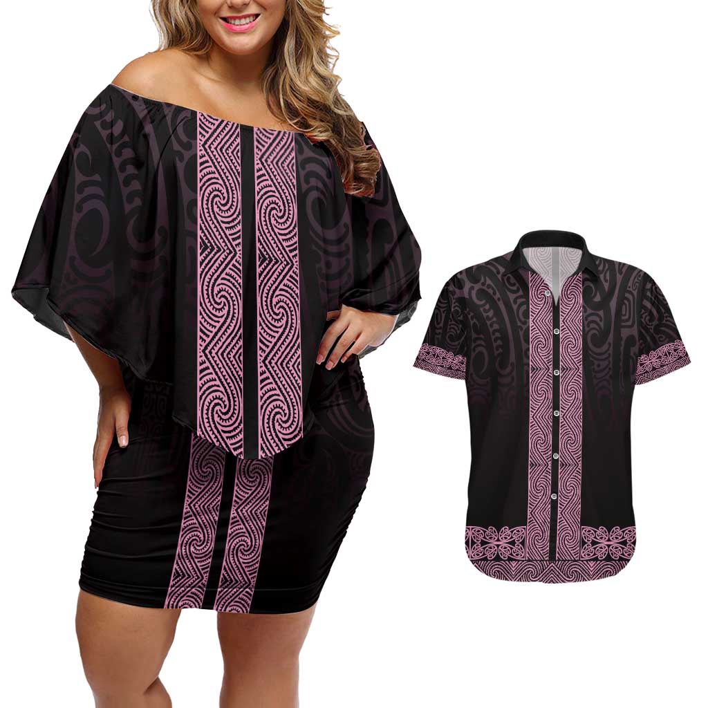 New Zealand Maori Kowhaiwhai Couples Matching Off Shoulder Short Dress and Hawaiian Shirt Mawhero Maui and Mangopare LT9 Pink - Polynesian Pride