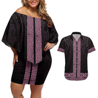 New Zealand Maori Kowhaiwhai Couples Matching Off Shoulder Short Dress and Hawaiian Shirt Mawhero Maui and Mangopare LT9 Pink - Polynesian Pride