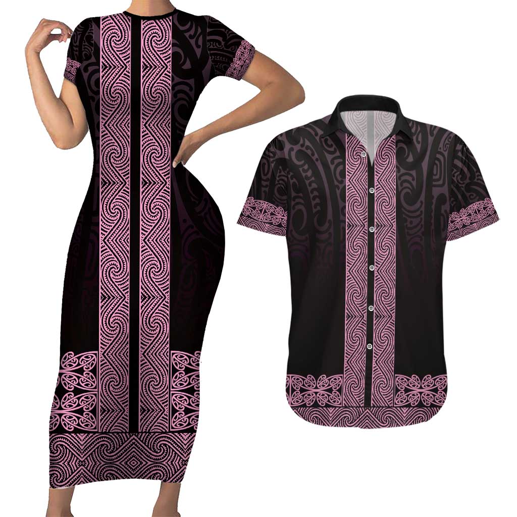New Zealand Maori Kowhaiwhai Couples Matching Short Sleeve Bodycon Dress and Hawaiian Shirt Mawhero Maui and Mangopare LT9 Pink - Polynesian Pride