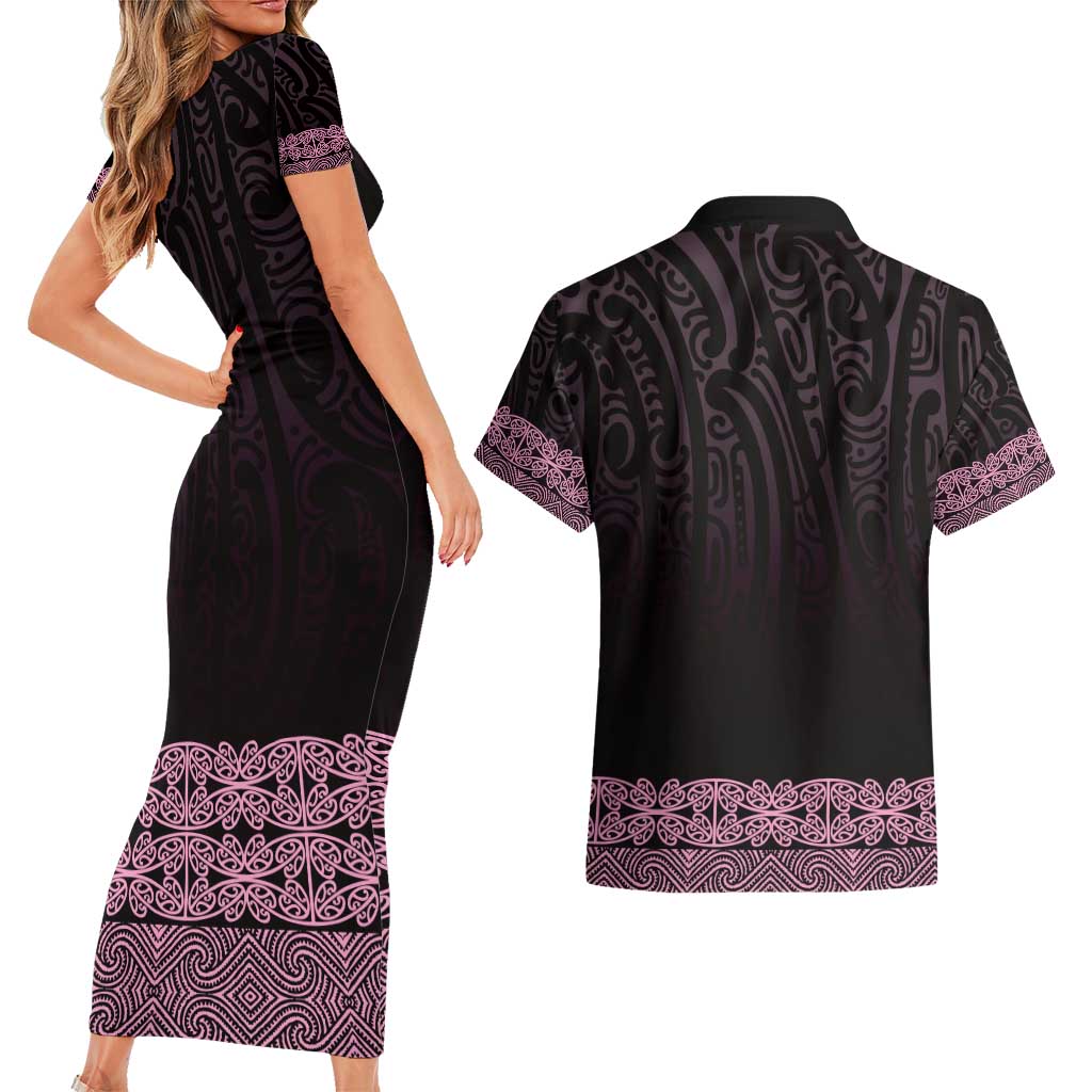New Zealand Maori Kowhaiwhai Couples Matching Short Sleeve Bodycon Dress and Hawaiian Shirt Mawhero Maui and Mangopare LT9 - Polynesian Pride