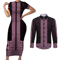 New Zealand Maori Kowhaiwhai Couples Matching Short Sleeve Bodycon Dress and Long Sleeve Button Shirt Mawhero Maui and Mangopare LT9 Pink - Polynesian Pride