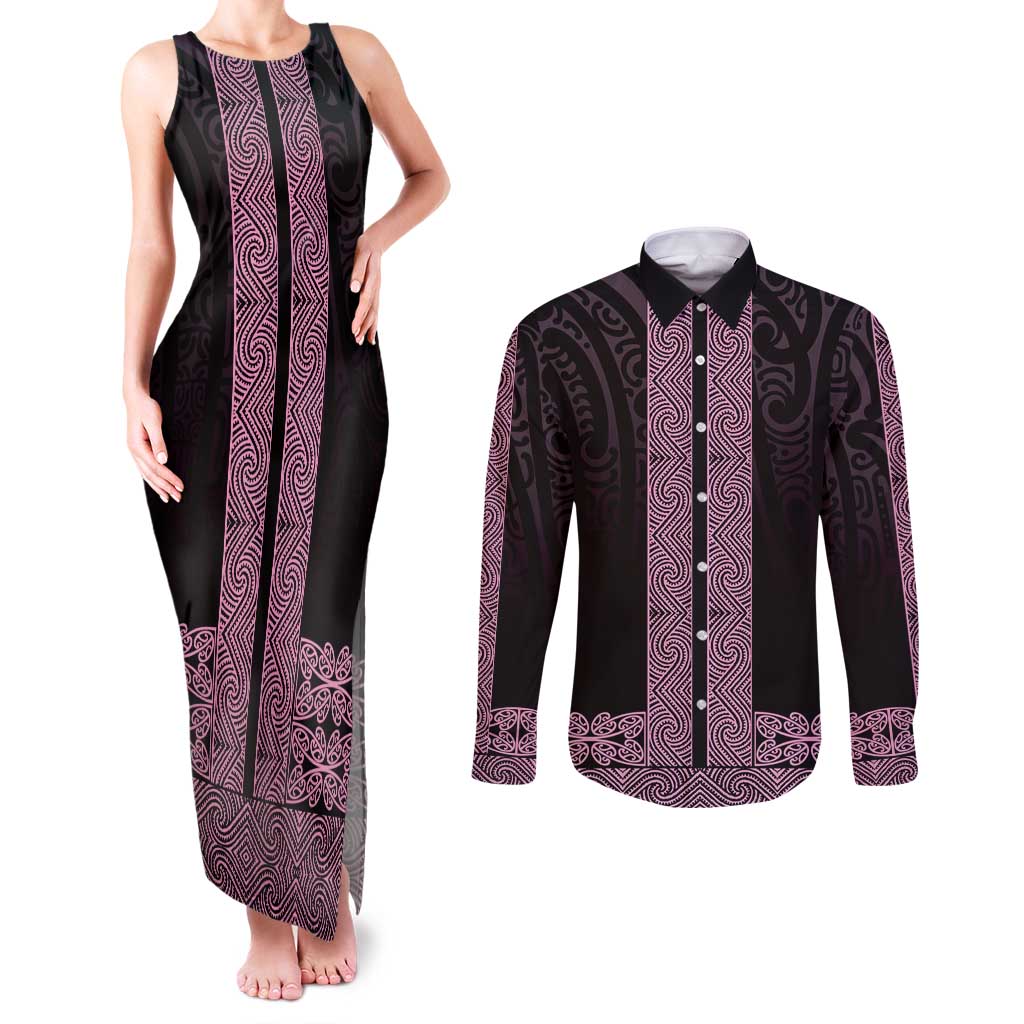 New Zealand Maori Kowhaiwhai Couples Matching Tank Maxi Dress and Long Sleeve Button Shirt Mawhero Maui and Mangopare LT9 Pink - Polynesian Pride