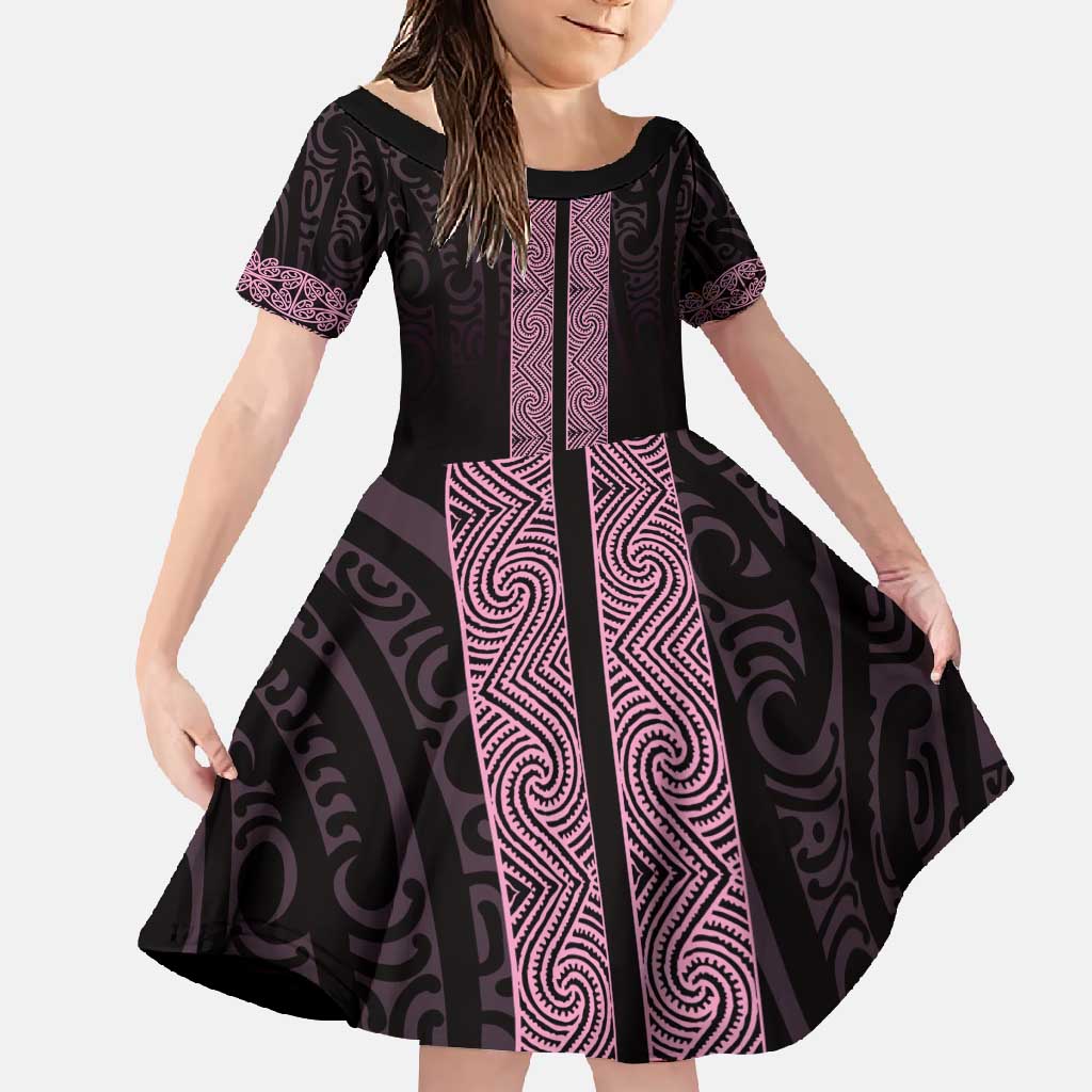New Zealand Maori Kowhaiwhai Family Matching Long Sleeve Bodycon Dress and Hawaiian Shirt Mawhero Maui and Mangopare LT9 Daughter's Dress Pink - Polynesian Pride