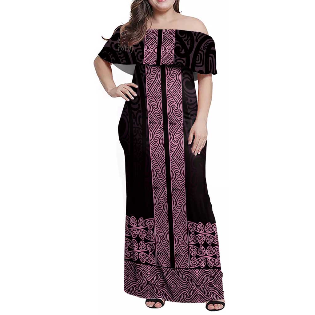 New Zealand Maori Kowhaiwhai Family Matching Off Shoulder Maxi Dress and Hawaiian Shirt Mawhero Maui and Mangopare LT9 Mom's Dress Pink - Polynesian Pride