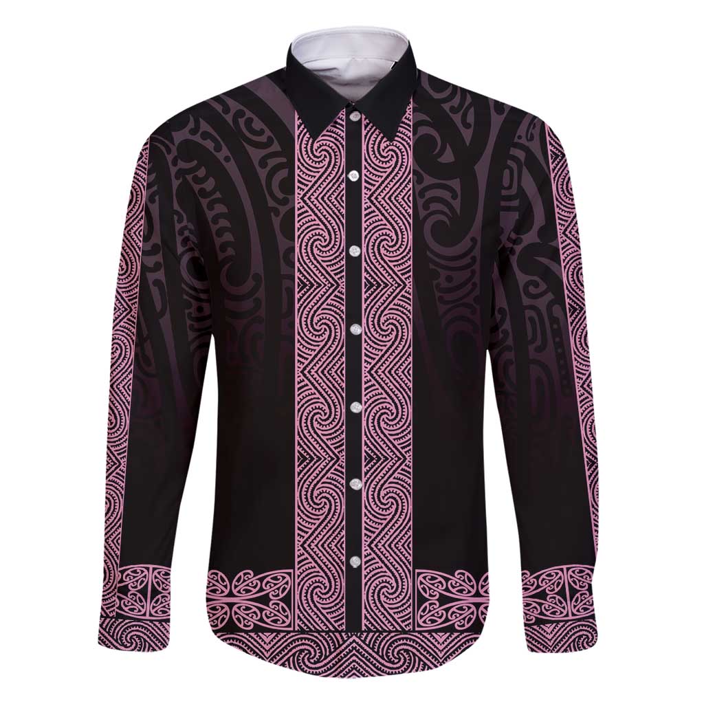 New Zealand Maori Kowhaiwhai Family Matching Off Shoulder Short Dress and Hawaiian Shirt Mawhero Maui and Mangopare LT9 Dad's Shirt - Long Sleeve Pink - Polynesian Pride