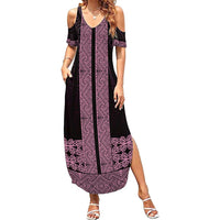 New Zealand Maori Kowhaiwhai Family Matching Summer Maxi Dress and Hawaiian Shirt Mawhero Maui and Mangopare LT9 Mom's Dress Pink - Polynesian Pride