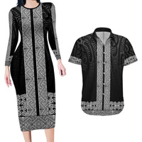 New Zealand Maori Kowhaiwhai Couples Matching Long Sleeve Bodycon Dress and Hawaiian Shirt Pango Maui and Mangopare LT9 Black - Polynesian Pride