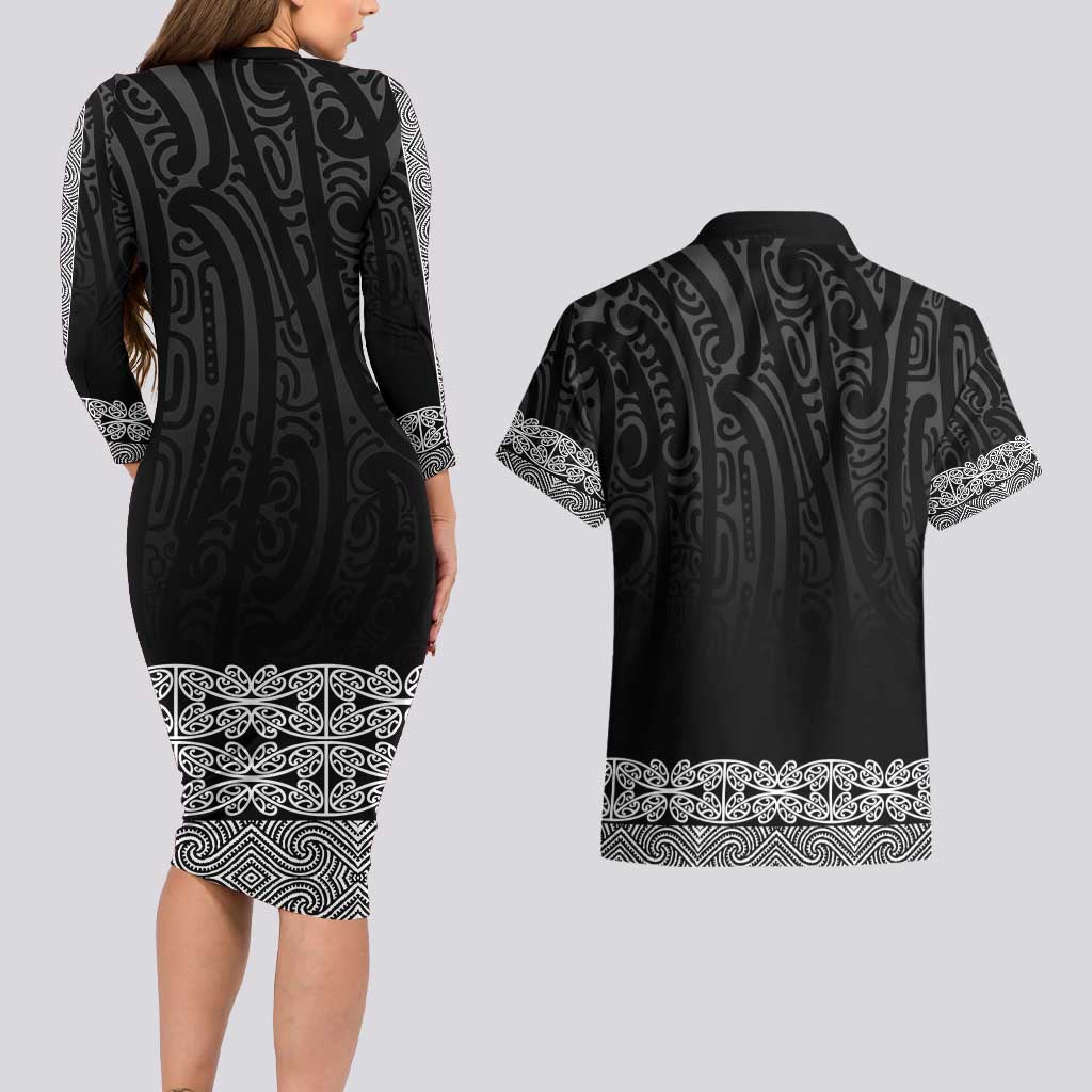 New Zealand Maori Kowhaiwhai Couples Matching Long Sleeve Bodycon Dress and Hawaiian Shirt Pango Maui and Mangopare LT9 - Polynesian Pride