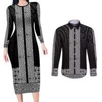 New Zealand Maori Kowhaiwhai Couples Matching Long Sleeve Bodycon Dress and Long Sleeve Button Shirt Pango Maui and Mangopare LT9 Black - Polynesian Pride