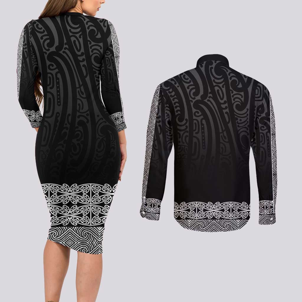 New Zealand Maori Kowhaiwhai Couples Matching Long Sleeve Bodycon Dress and Long Sleeve Button Shirt Pango Maui and Mangopare LT9 - Polynesian Pride