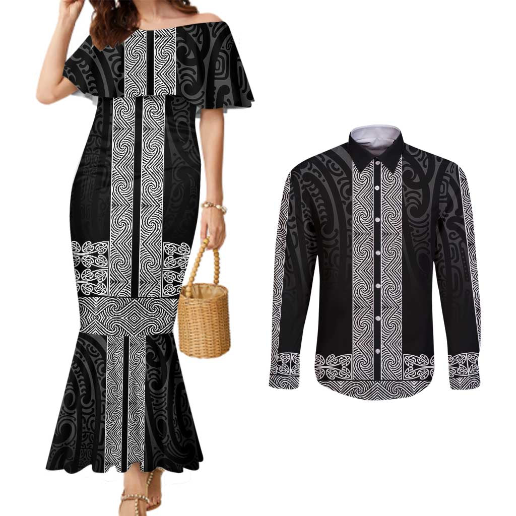 New Zealand Maori Kowhaiwhai Couples Matching Mermaid Dress and Long Sleeve Button Shirt Pango Maui and Mangopare LT9 Black - Polynesian Pride