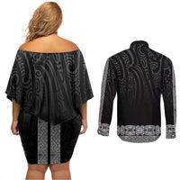New Zealand Maori Kowhaiwhai Couples Matching Off Shoulder Short Dress and Long Sleeve Button Shirt Pango Maui and Mangopare LT9 - Polynesian Pride