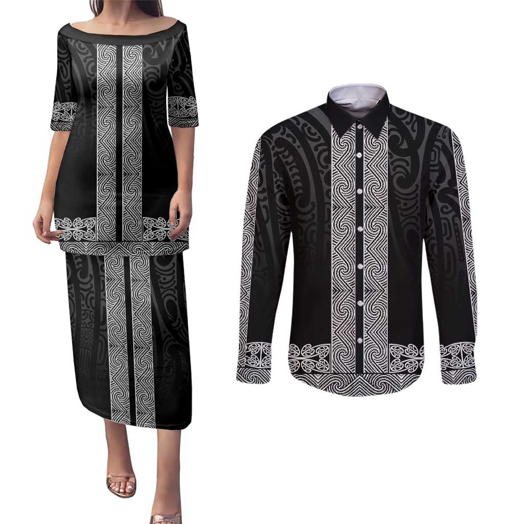 New Zealand Maori Kowhaiwhai Couples Matching Puletasi and Long Sleeve Button Shirt Pango Maui and Mangopare LT9 Black - Polynesian Pride