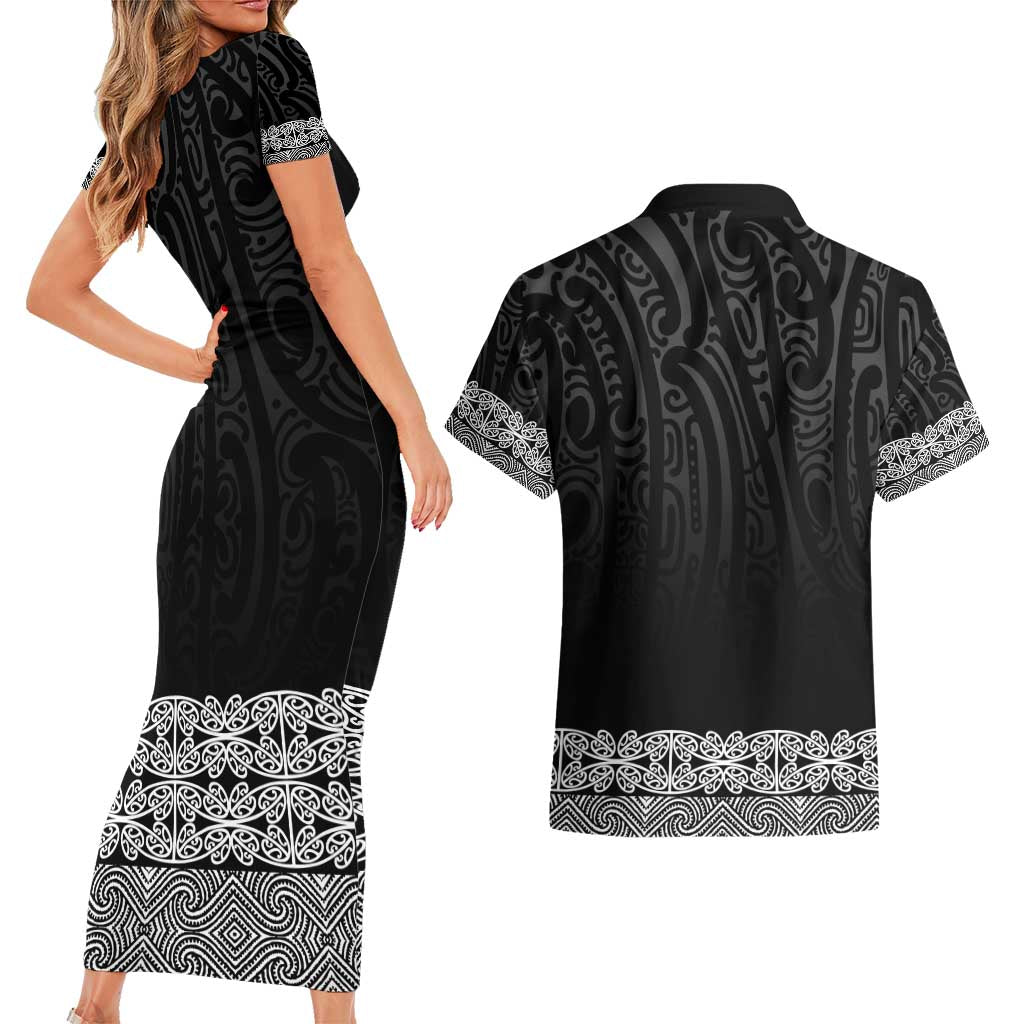 New Zealand Maori Kowhaiwhai Couples Matching Short Sleeve Bodycon Dress and Hawaiian Shirt Pango Maui and Mangopare LT9 - Polynesian Pride