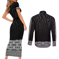 New Zealand Maori Kowhaiwhai Couples Matching Short Sleeve Bodycon Dress and Long Sleeve Button Shirt Pango Maui and Mangopare LT9 - Polynesian Pride