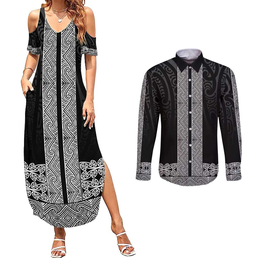 New Zealand Maori Kowhaiwhai Couples Matching Summer Maxi Dress and Long Sleeve Button Shirt Pango Maui and Mangopare LT9 Black - Polynesian Pride