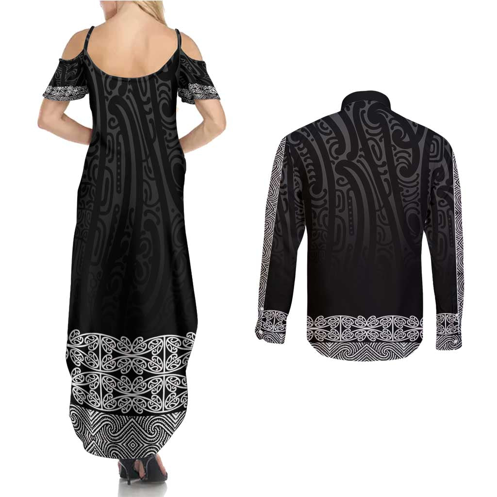 New Zealand Maori Kowhaiwhai Couples Matching Summer Maxi Dress and Long Sleeve Button Shirt Pango Maui and Mangopare LT9 - Polynesian Pride