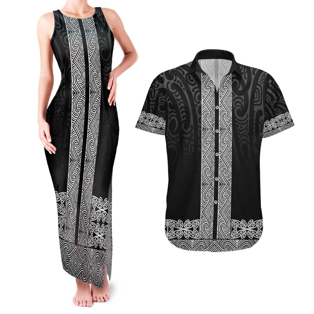 New Zealand Maori Kowhaiwhai Couples Matching Tank Maxi Dress and Hawaiian Shirt Pango Maui and Mangopare LT9 Black - Polynesian Pride