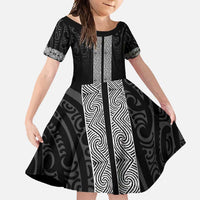 New Zealand Maori Kowhaiwhai Family Matching Mermaid Dress and Hawaiian Shirt Pango Maui and Mangopare LT9 Daughter's Dress Black - Polynesian Pride