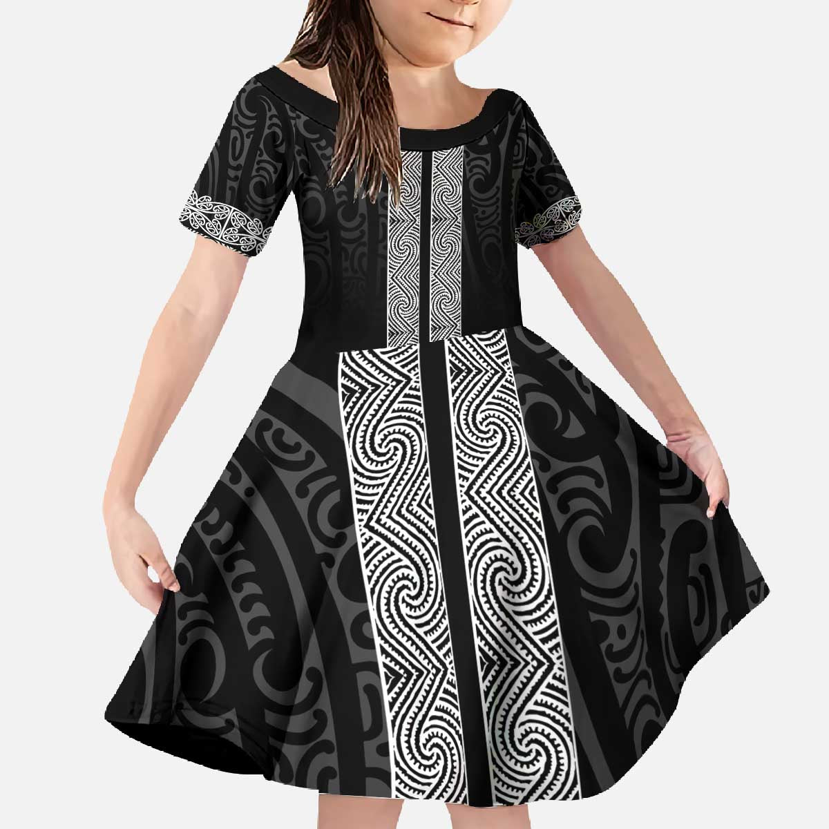 New Zealand Maori Kowhaiwhai Family Matching Off The Shoulder Long Sleeve Dress and Hawaiian Shirt Pango Maui and Mangopare