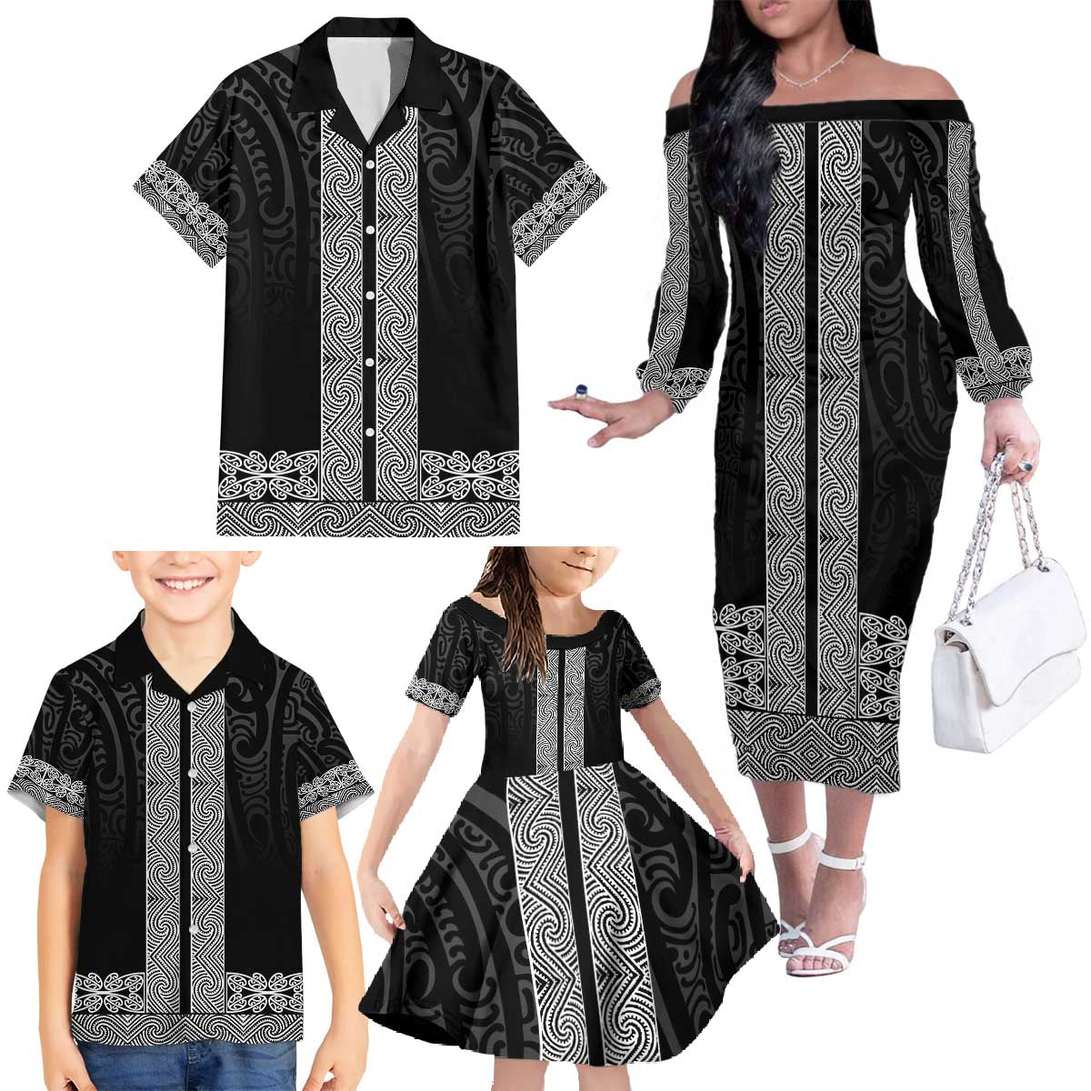 New Zealand Maori Kowhaiwhai Family Matching Off The Shoulder Long Sleeve Dress and Hawaiian Shirt Pango Maui and Mangopare