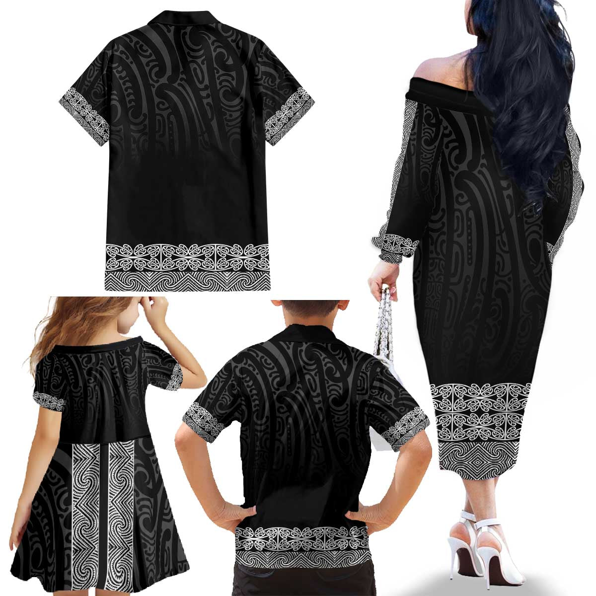 New Zealand Maori Kowhaiwhai Family Matching Off The Shoulder Long Sleeve Dress and Hawaiian Shirt Pango Maui and Mangopare