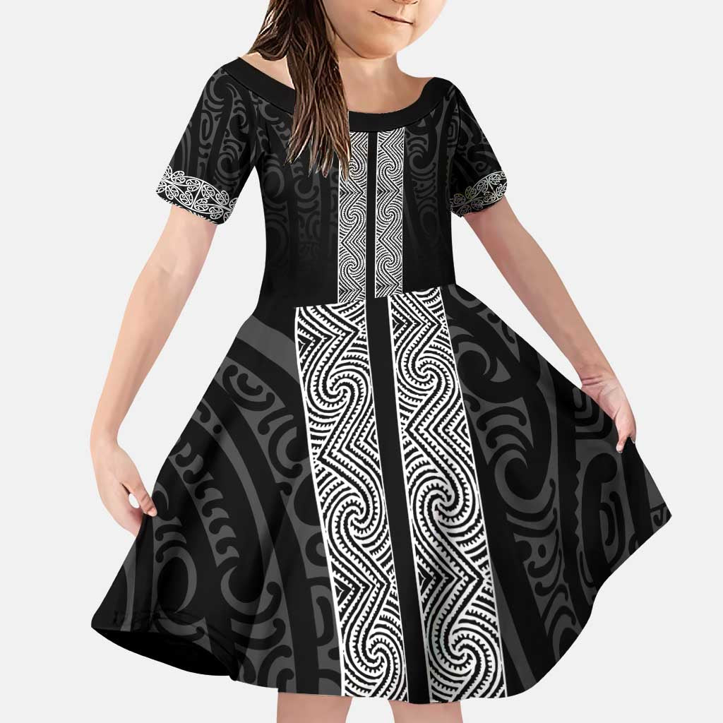 New Zealand Maori Kowhaiwhai Family Matching Puletasi and Hawaiian Shirt Pango Maui and Mangopare LT9 Daughter's Dress Black - Polynesian Pride