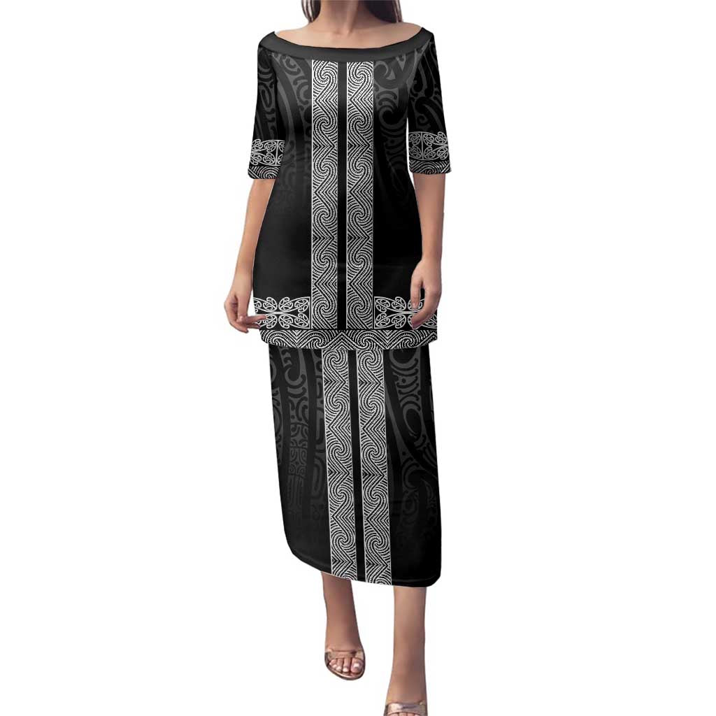 New Zealand Maori Kowhaiwhai Family Matching Puletasi and Hawaiian Shirt Pango Maui and Mangopare LT9 Mom's Dress Black - Polynesian Pride