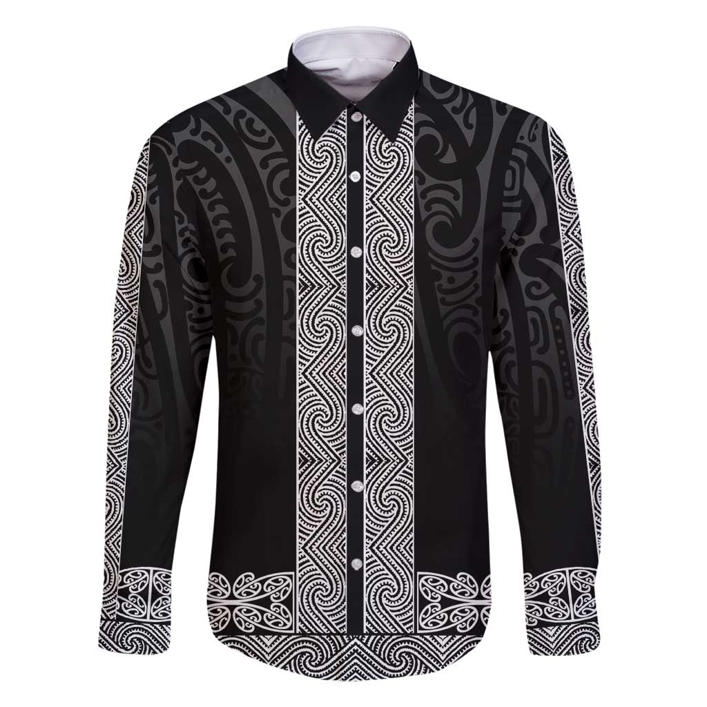 New Zealand Maori Kowhaiwhai Family Matching Summer Maxi Dress and Hawaiian Shirt Pango Maui and Mangopare LT9 Dad's Shirt - Long Sleeve Black - Polynesian Pride