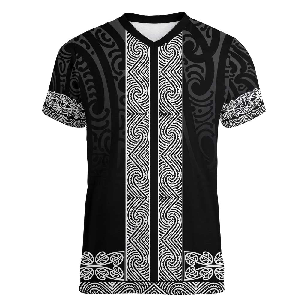New Zealand Maori Kowhaiwhai Women V-Neck T-Shirt Pango Maui and Mangopare LT9 Female Black - Polynesian Pride