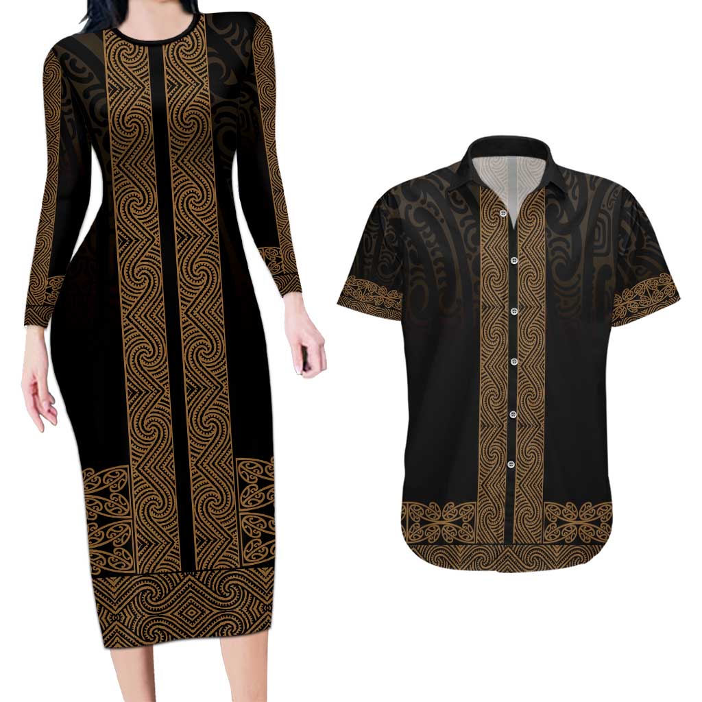 New Zealand Maori Kowhaiwhai Couples Matching Long Sleeve Bodycon Dress and Hawaiian Shirt Parauri Maui and Mangopare LT9 Brown - Polynesian Pride