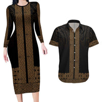 New Zealand Maori Kowhaiwhai Couples Matching Long Sleeve Bodycon Dress and Hawaiian Shirt Parauri Maui and Mangopare LT9 Brown - Polynesian Pride