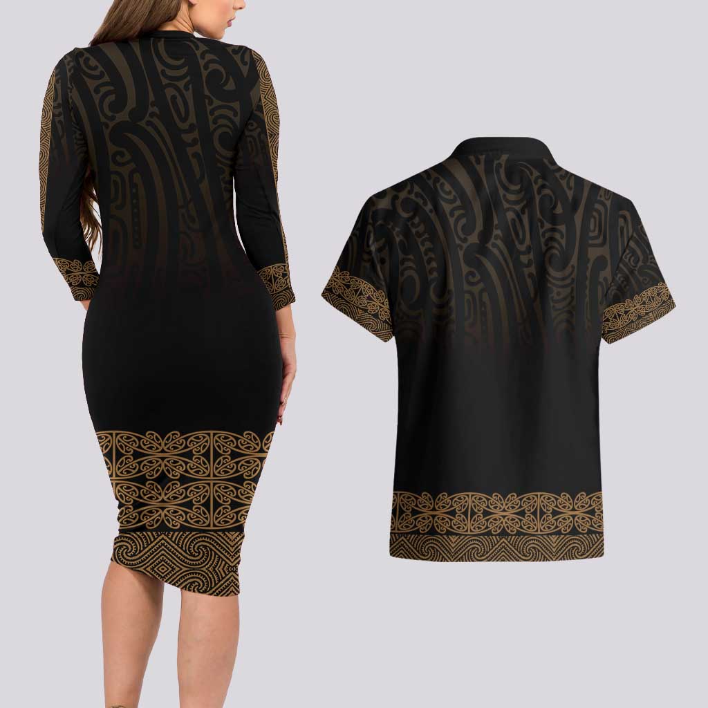 New Zealand Maori Kowhaiwhai Couples Matching Long Sleeve Bodycon Dress and Hawaiian Shirt Parauri Maui and Mangopare LT9 - Polynesian Pride