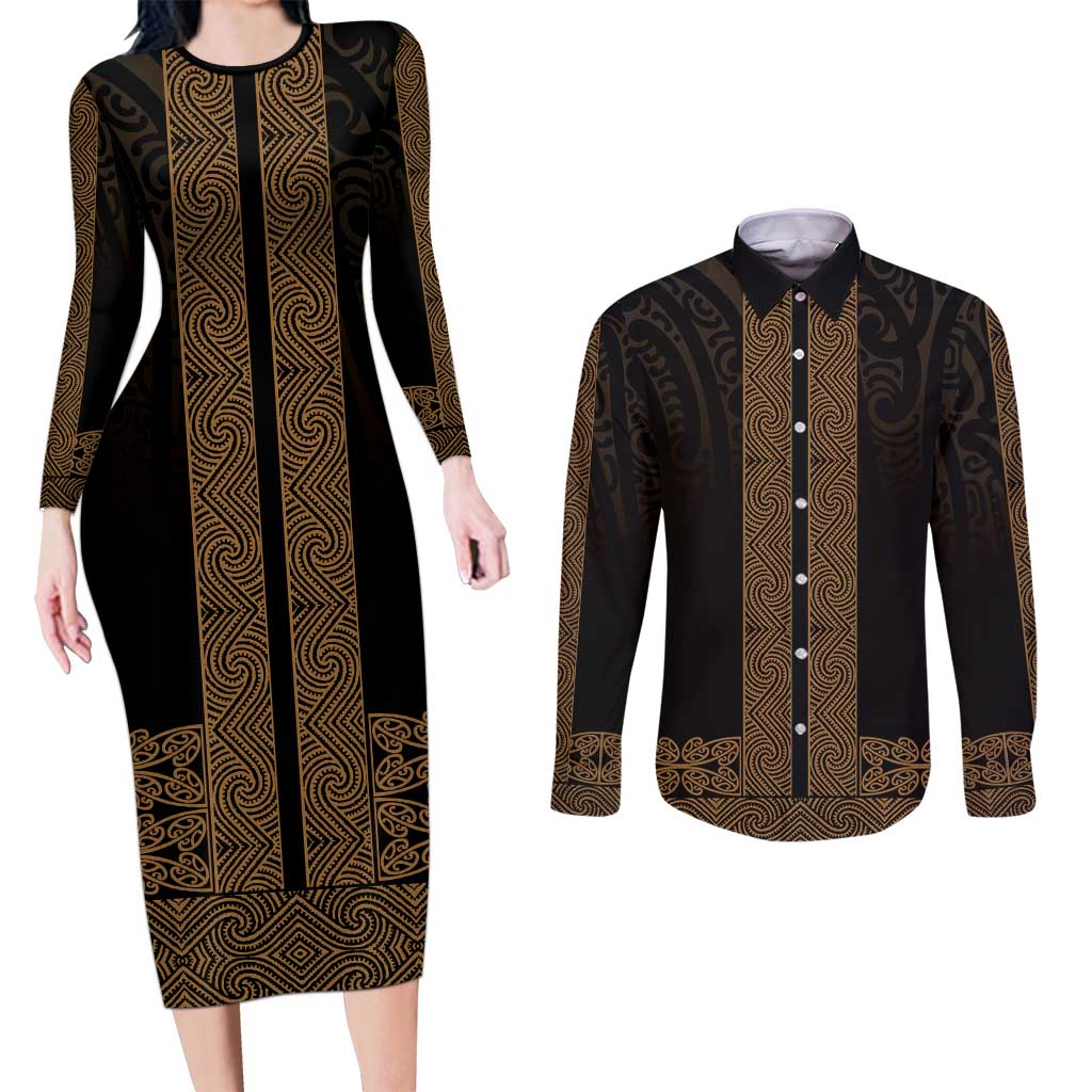 New Zealand Maori Kowhaiwhai Couples Matching Long Sleeve Bodycon Dress and Long Sleeve Button Shirt Parauri Maui and Mangopare LT9 Brown - Polynesian Pride