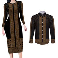 New Zealand Maori Kowhaiwhai Couples Matching Long Sleeve Bodycon Dress and Long Sleeve Button Shirt Parauri Maui and Mangopare LT9 Brown - Polynesian Pride