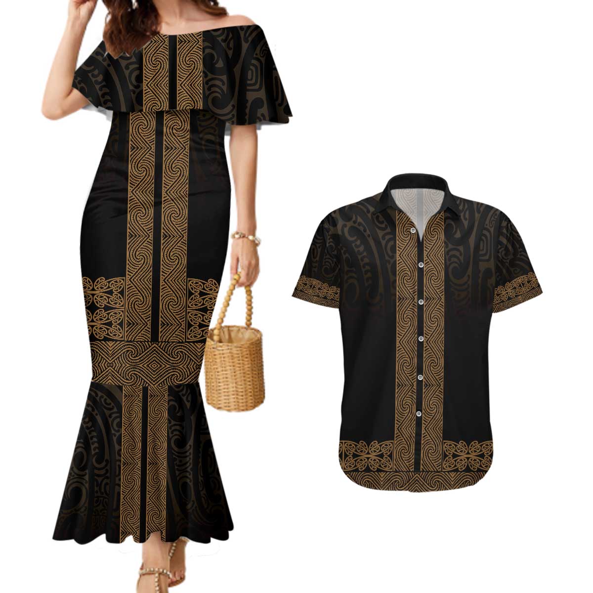 New Zealand Maori Kowhaiwhai Couples Matching Mermaid Dress and Hawaiian Shirt Parauri Maui and Mangopare