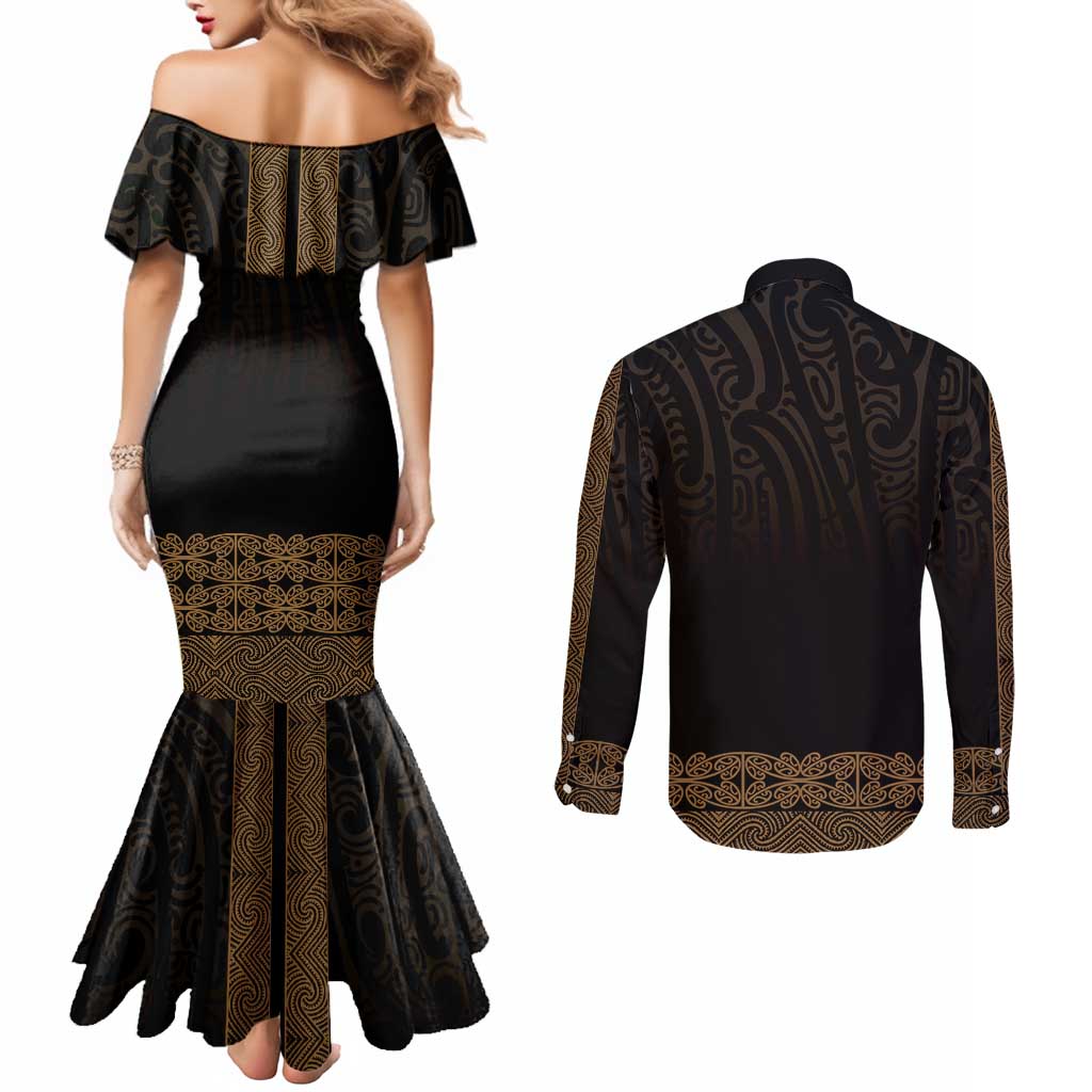 New Zealand Maori Kowhaiwhai Couples Matching Mermaid Dress and Long Sleeve Button Shirt Parauri Maui and Mangopare LT9 - Polynesian Pride