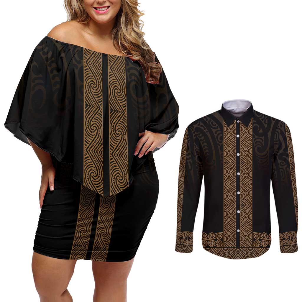 New Zealand Maori Kowhaiwhai Couples Matching Off Shoulder Short Dress and Long Sleeve Button Shirt Parauri Maui and Mangopare LT9 Brown - Polynesian Pride