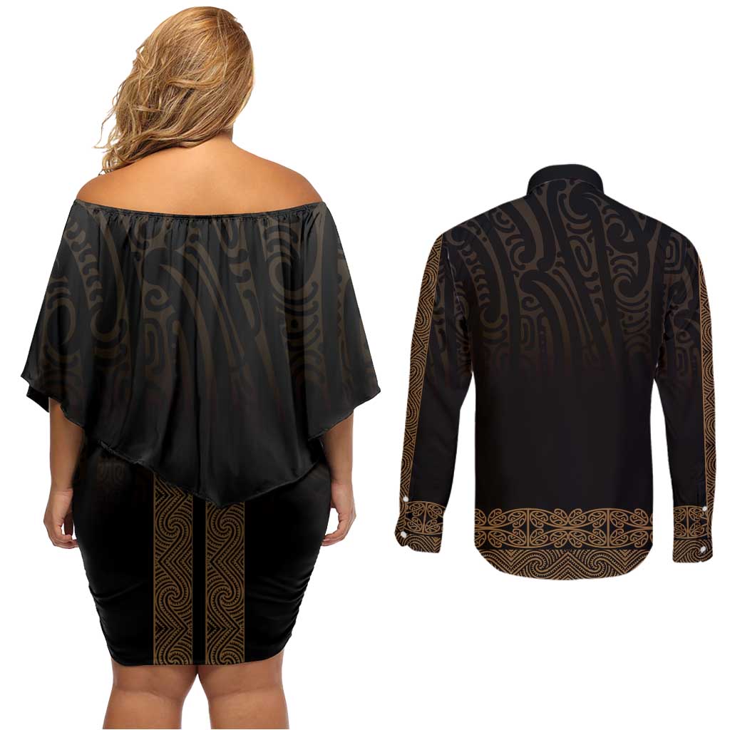 New Zealand Maori Kowhaiwhai Couples Matching Off Shoulder Short Dress and Long Sleeve Button Shirt Parauri Maui and Mangopare LT9 - Polynesian Pride
