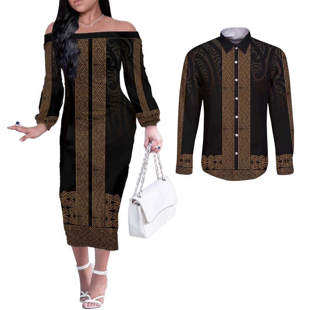 New Zealand Maori Kowhaiwhai Couples Matching Off The Shoulder Long Sleeve Dress and Long Sleeve Button Shirt Parauri Maui and Mangopare LT9 Brown - Polynesian Pride