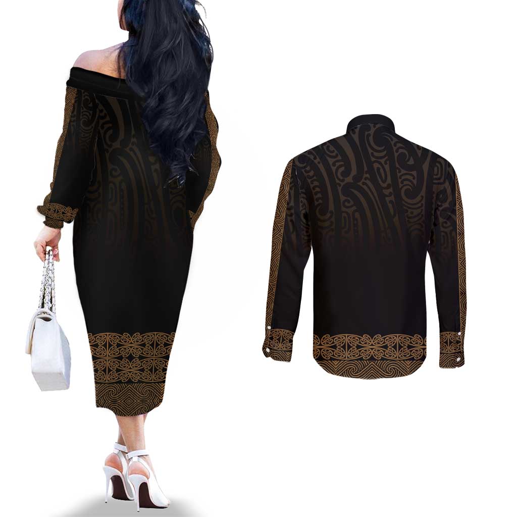 New Zealand Maori Kowhaiwhai Couples Matching Off The Shoulder Long Sleeve Dress and Long Sleeve Button Shirt Parauri Maui and Mangopare LT9 - Polynesian Pride